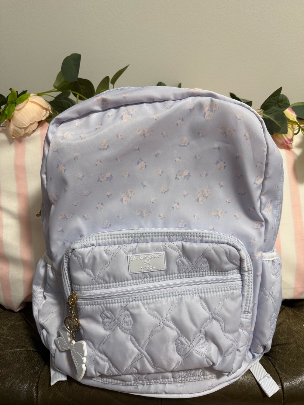 LoveShackFancy Lilac Floral Kids Backpack with Bow Charm